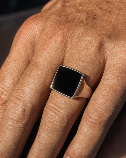 Onyx Signet Ring, Square Face, macro knuckle