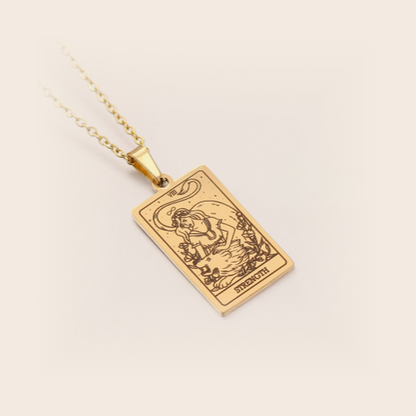 Tarot Necklace Gold, Strength, studio packshot on cream