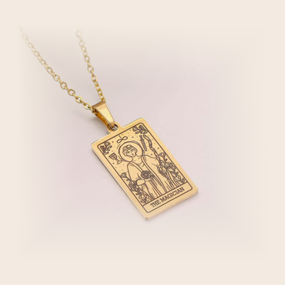 Tarot Necklace Gold, The Magician, studio packshot on cream