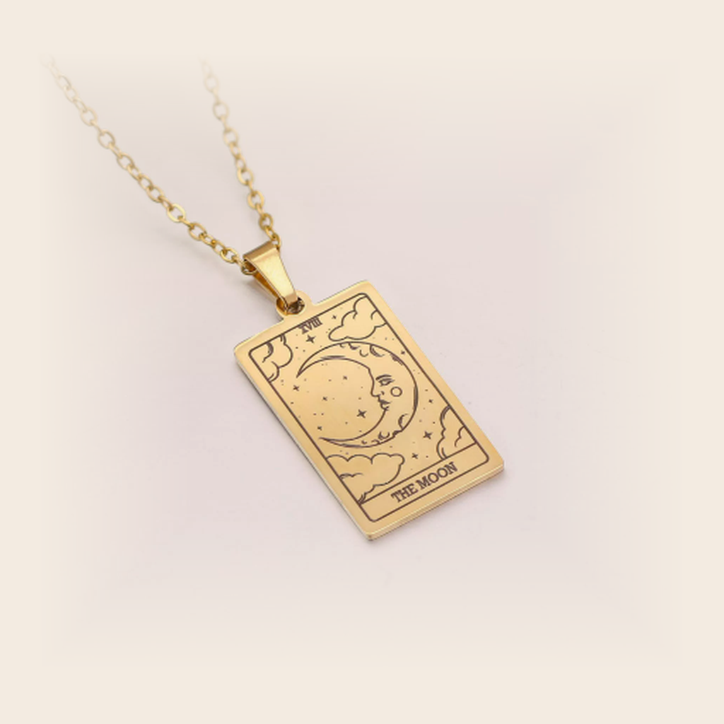 Tarot Necklace Gold, The Moon, studio packshot on cream