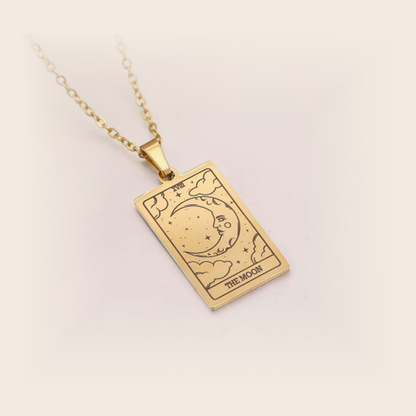 Tarot Necklace Gold, The Moon, studio packshot on cream