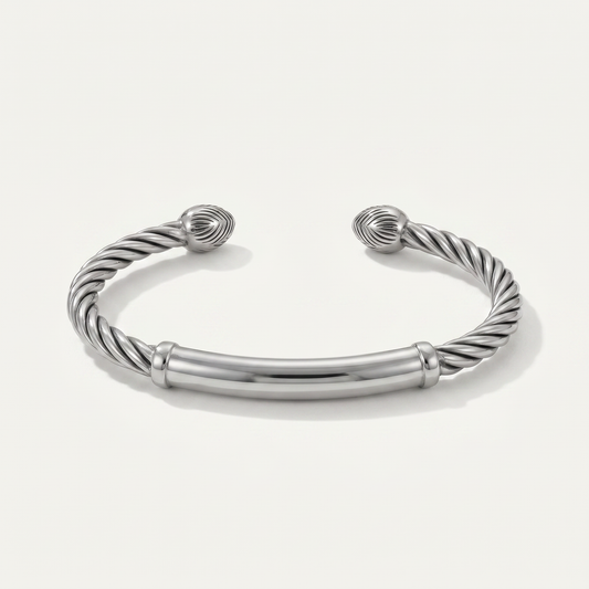 Silver twisted cable cuff on white