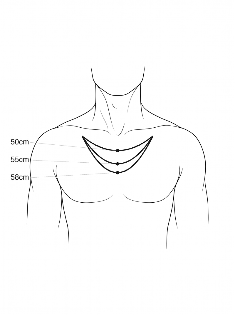 Where each necklace length sits on the chest, in centimetres