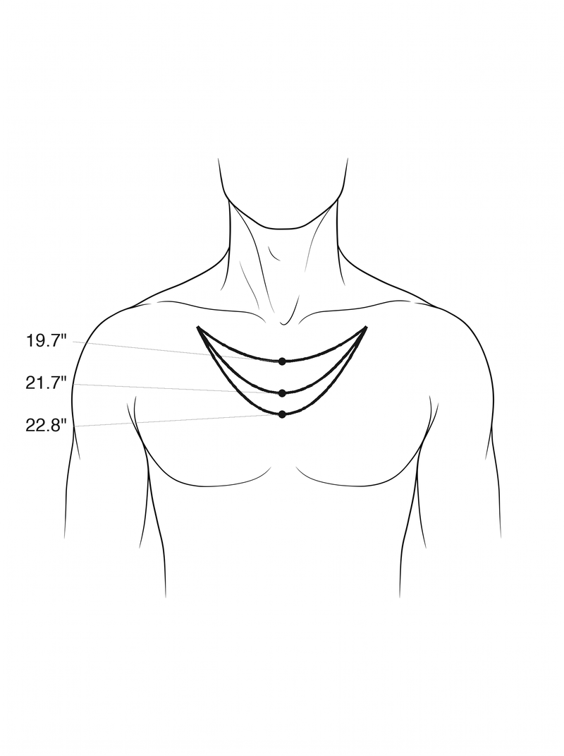 Where each necklace length sits on the chest, in inches